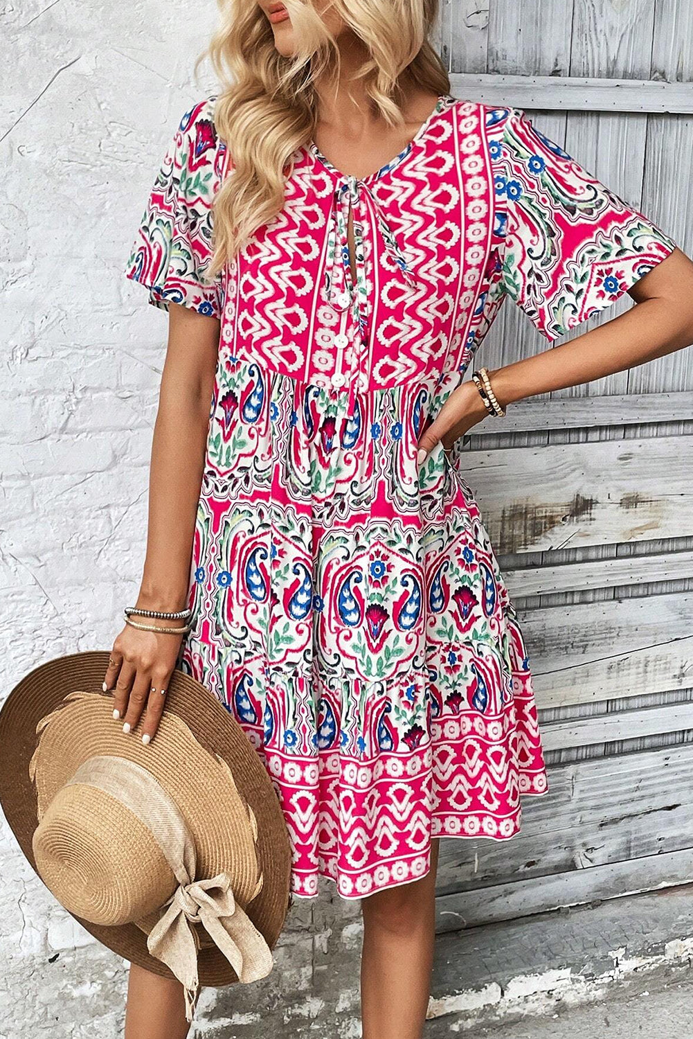 Sky Blue Bohemian Print Tie Neck Ruffle Hem Short Dress