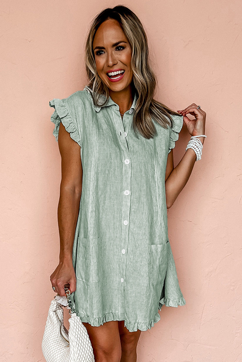 Stripe Frilled Sleeveless Collar Front Pocket Button Up Mini Dress