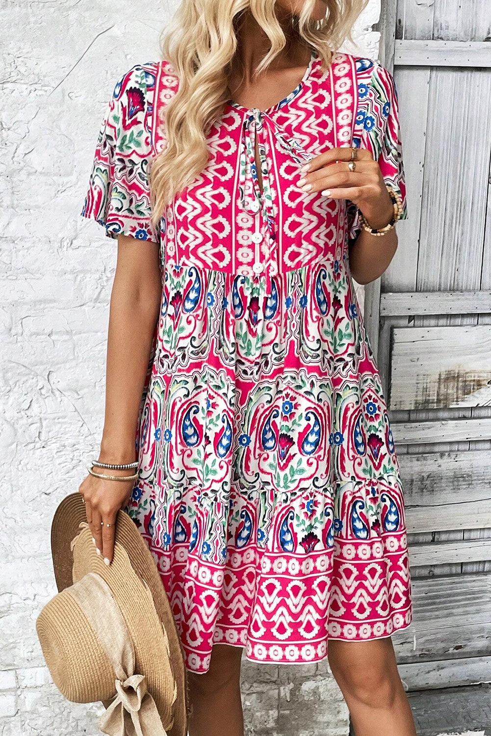 Sky Blue Bohemian Print Tie Neck Ruffle Hem Short Dress