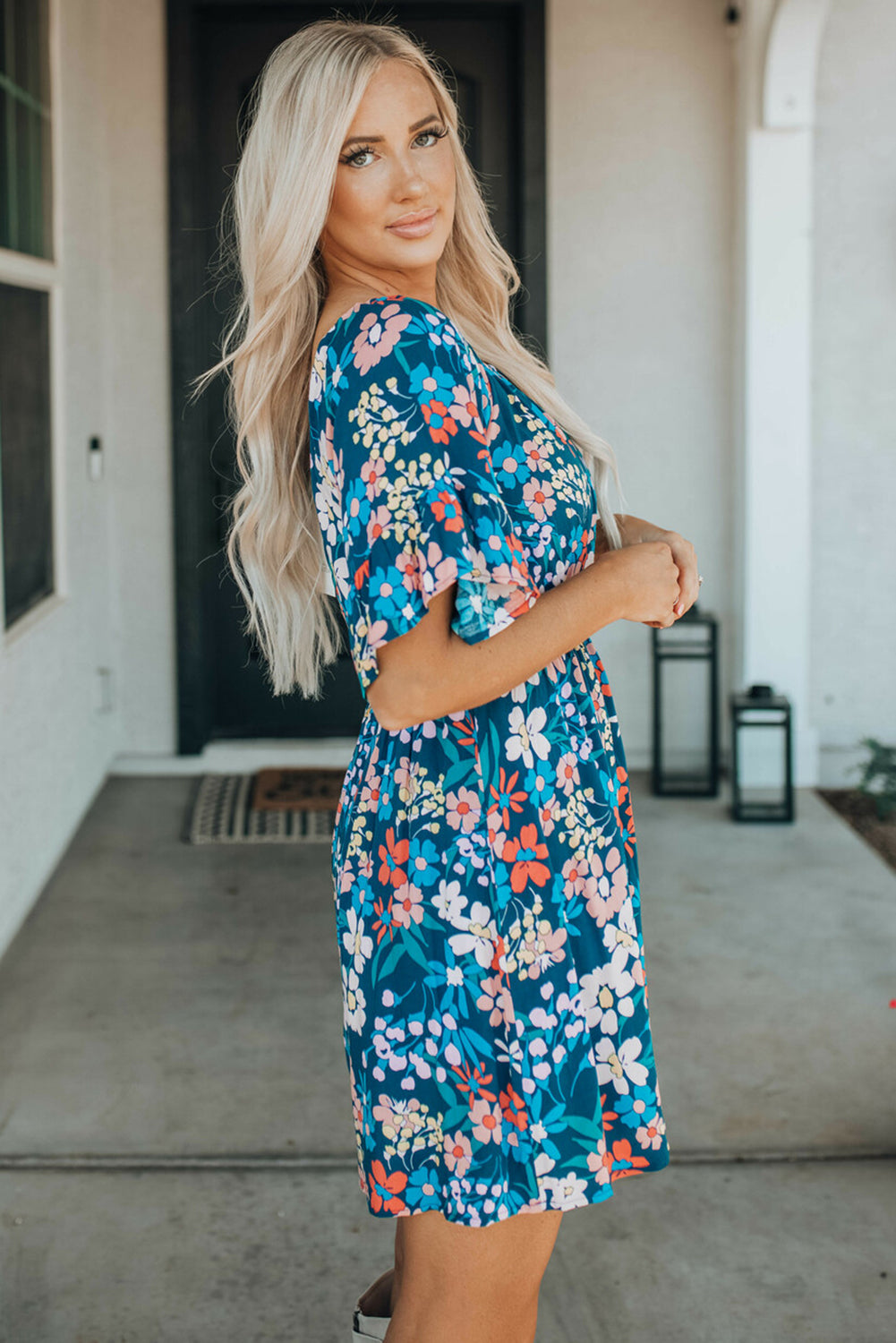 Dark Blue Bohemian Floral Print Off Shoulder Short Dress