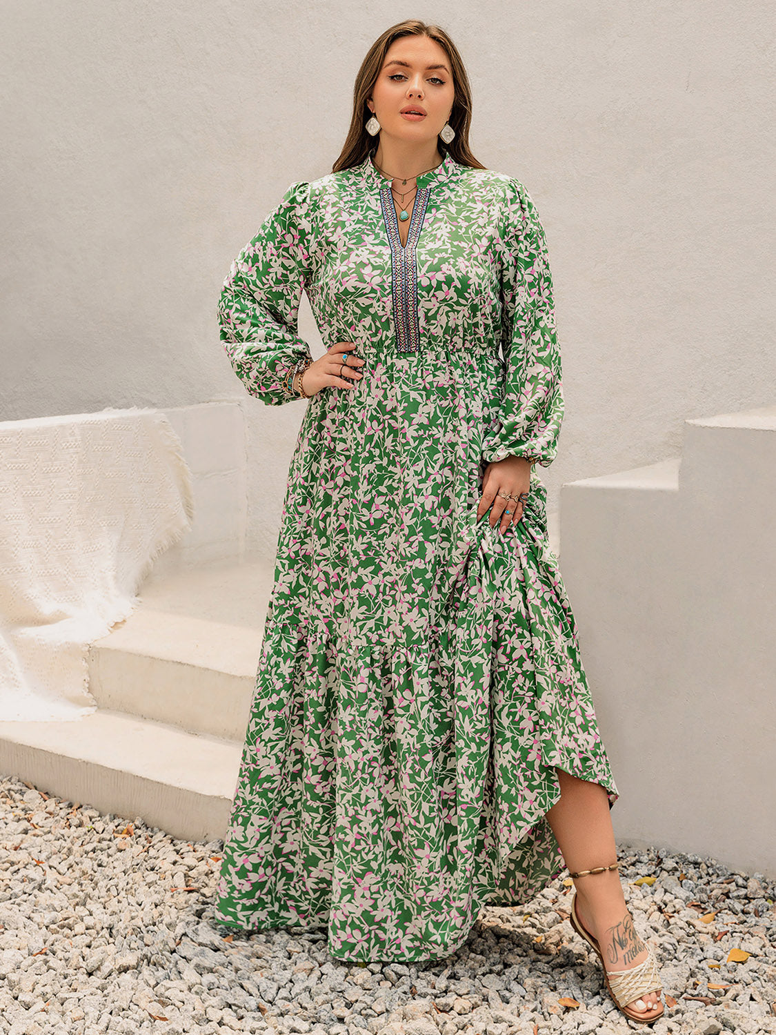 Printed Notched Long Sleeve Maxi Dress