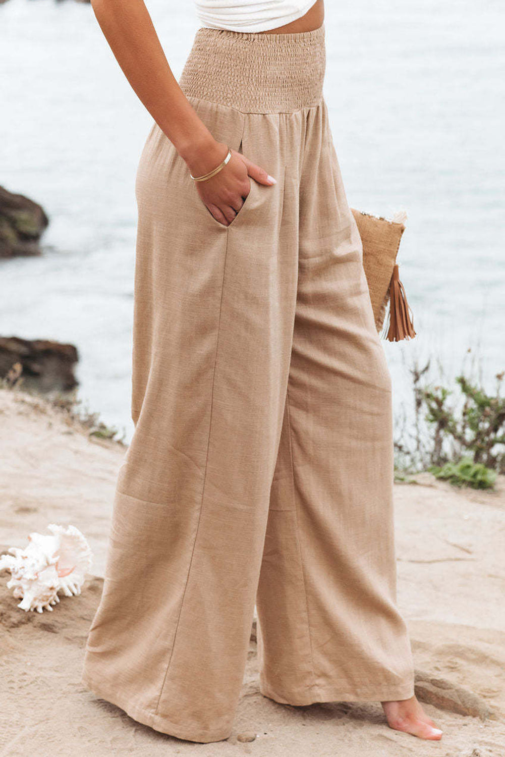 Smocked Wide Waistband High Waist Wide Leg Pants