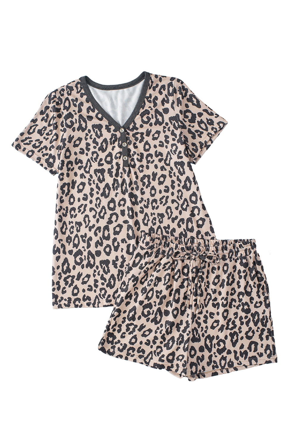 Leopard Button V Neck Tee and Drawstring Shorts Set