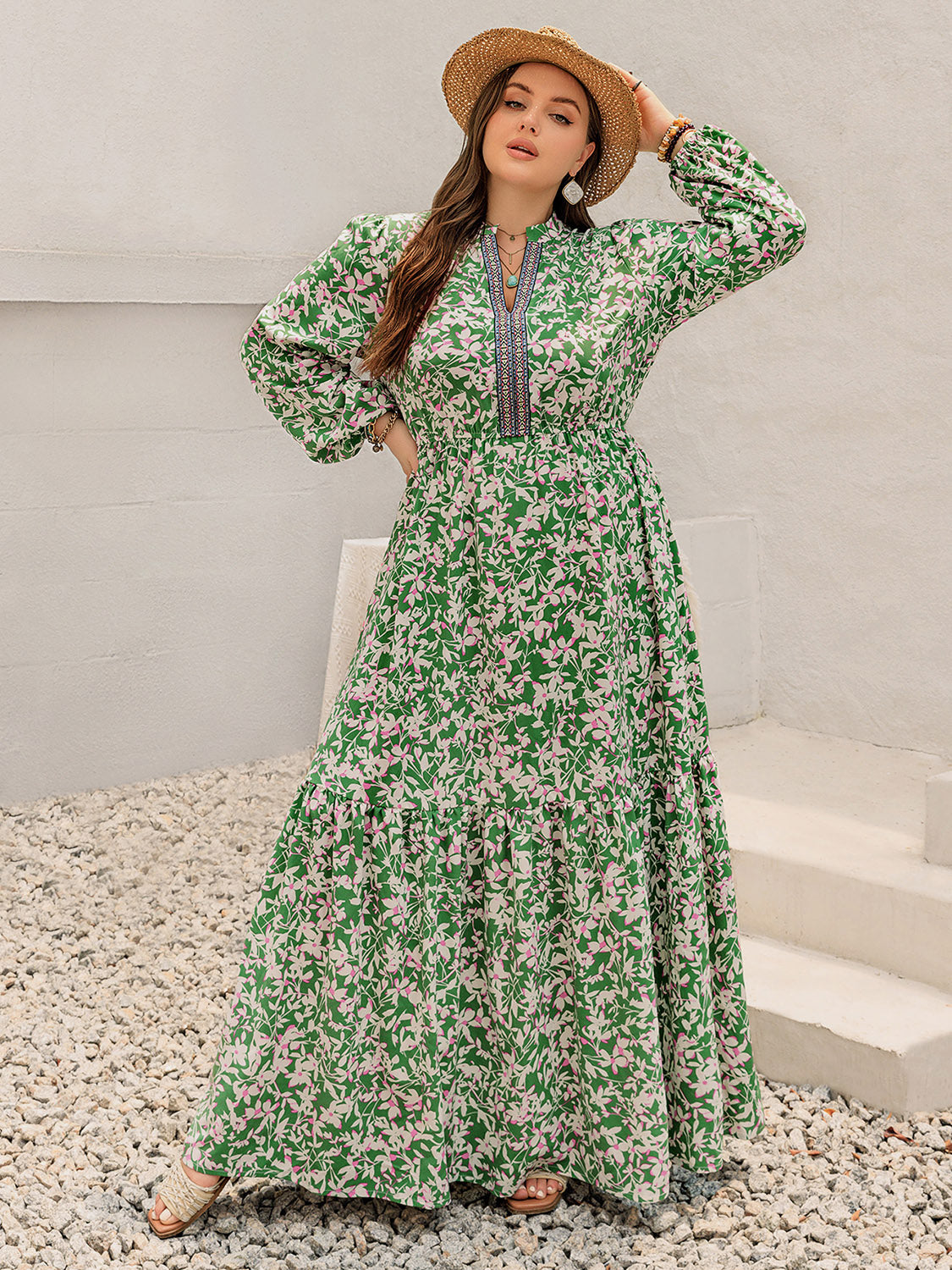 Printed Notched Long Sleeve Maxi Dress