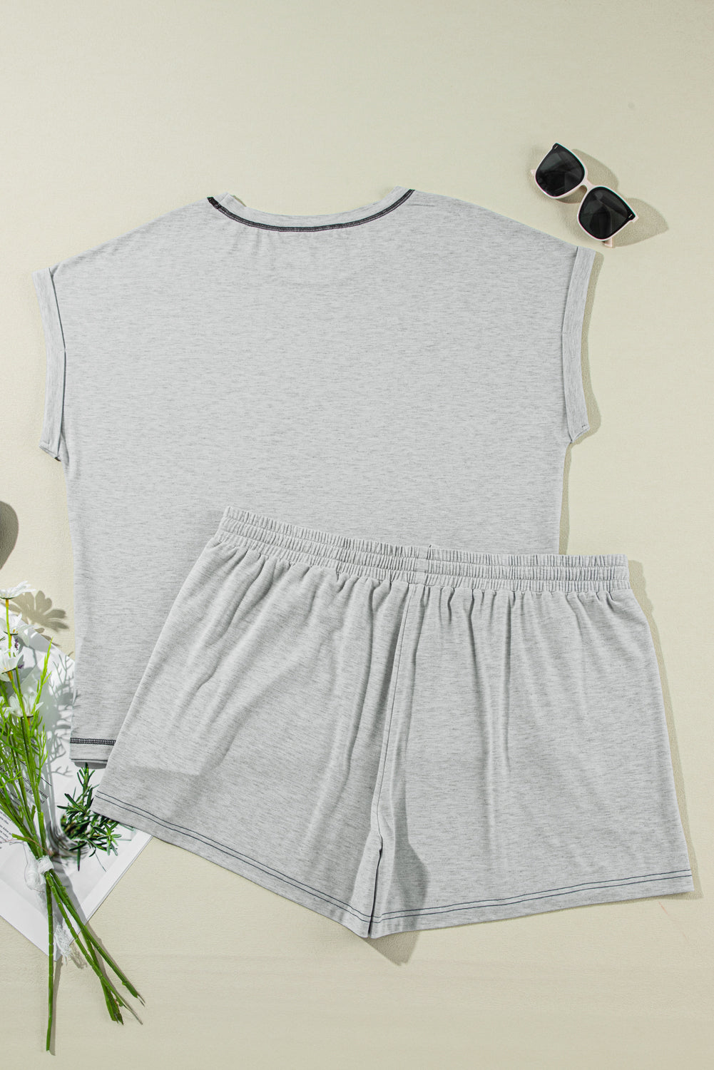 Gray Contrast Stitching Cuffed Sleeve Tee and Shorts Set