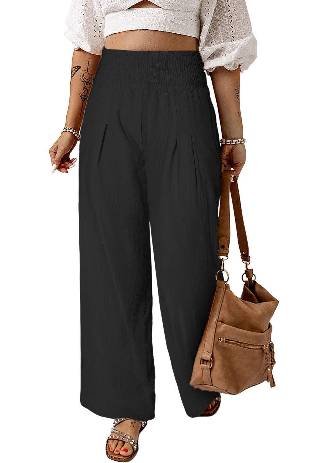 Smocked Wide Waistband High Waist Wide Leg Pants