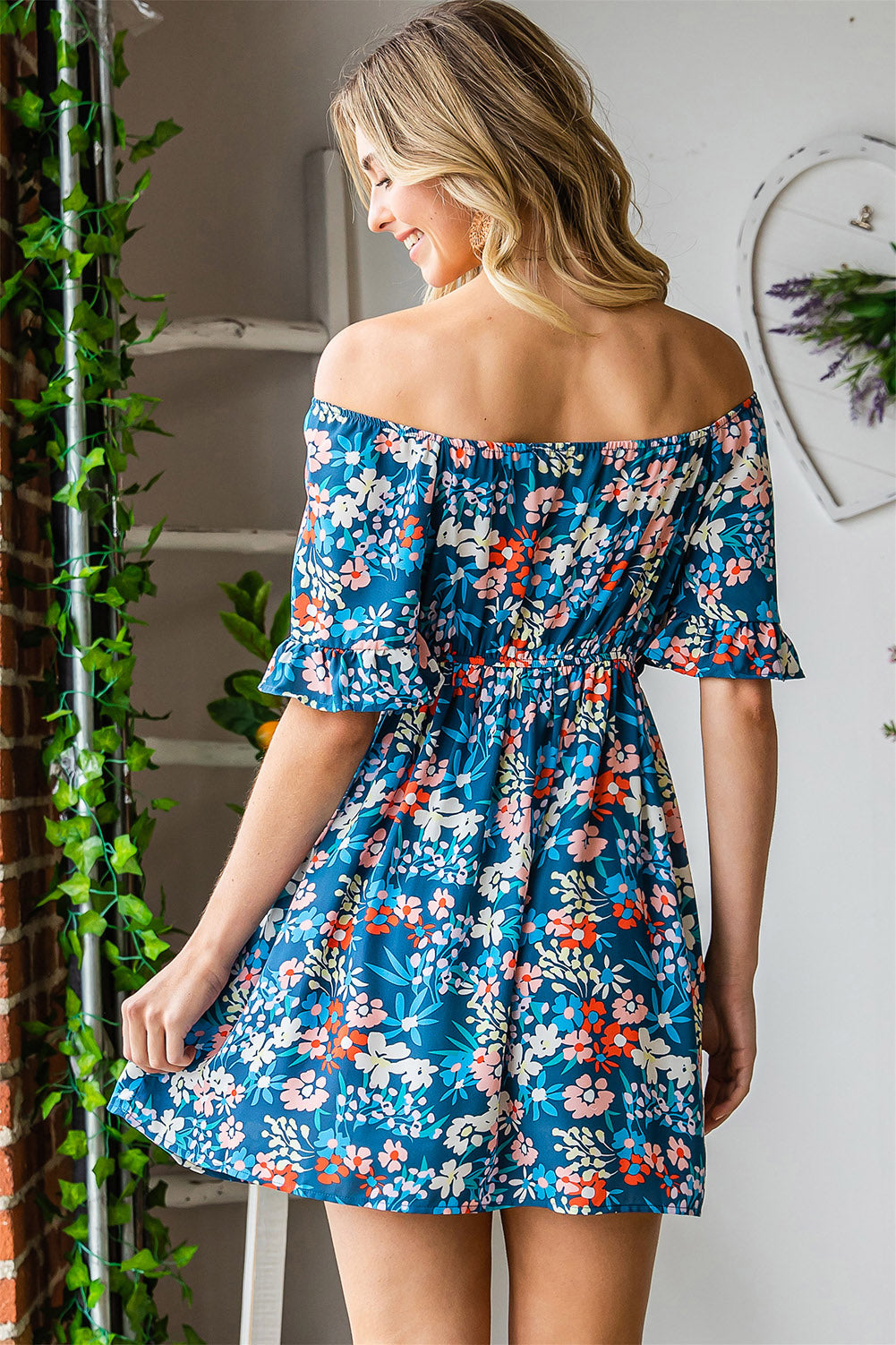 Dark Blue Bohemian Floral Print Off Shoulder Short Dress