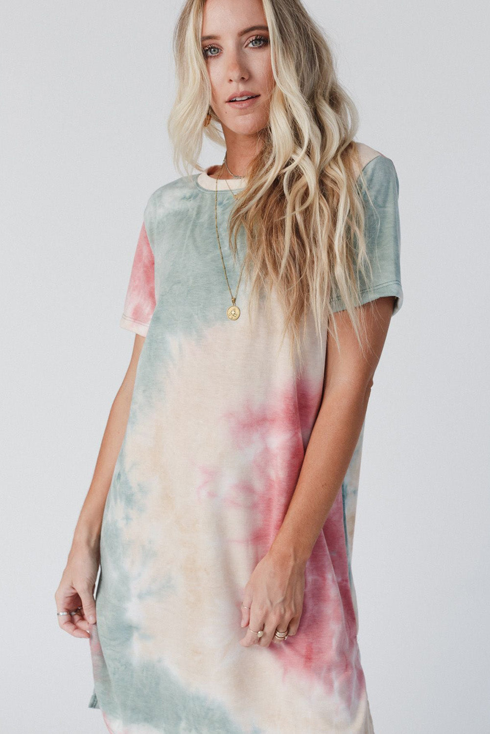 Multicolor Tie Dye Oversized Slit Tee Dress