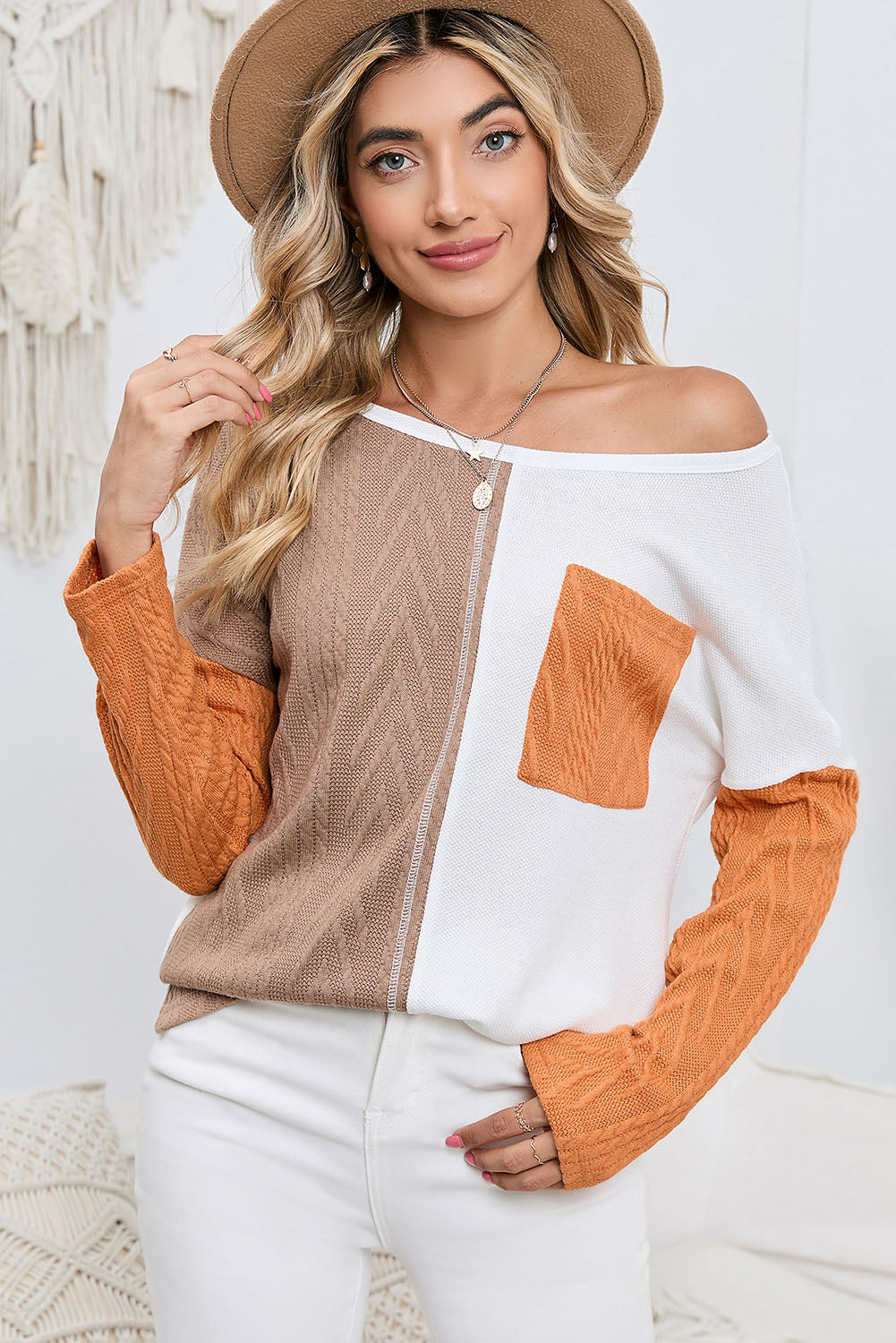 Orange Long Sleeve Colorblock Chest Pocket Textured Knit Top