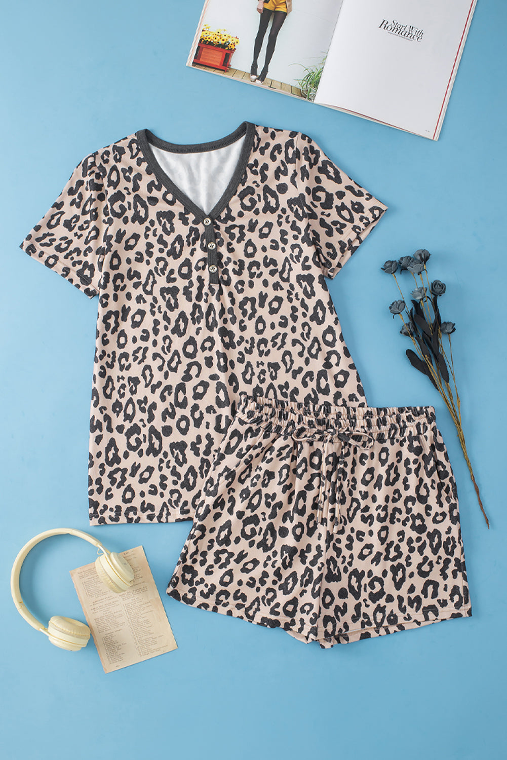 Leopard Button V Neck Tee and Drawstring Shorts Set