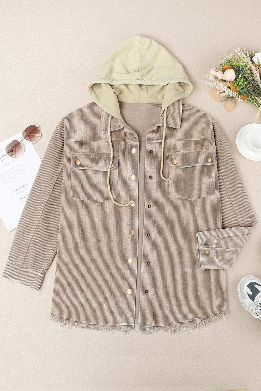 Color Block Button Down Hooded Corduroy Jacket