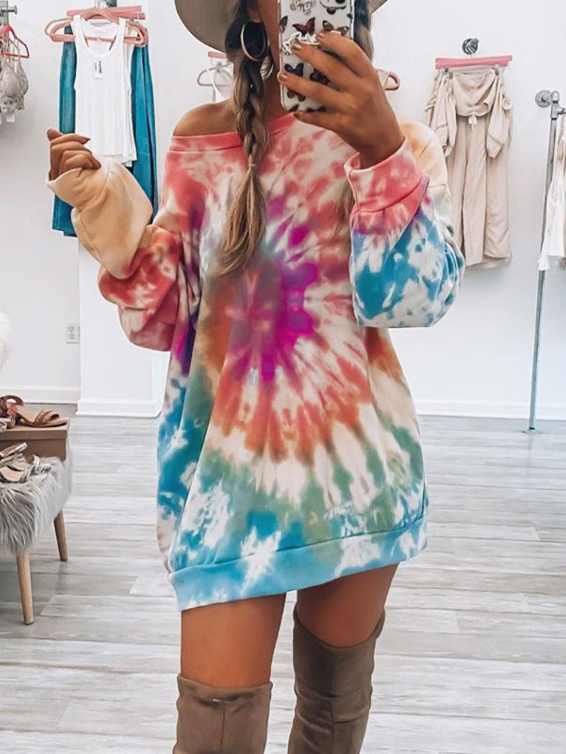 Tie-Dye Round Neck Long Sleeve Dress