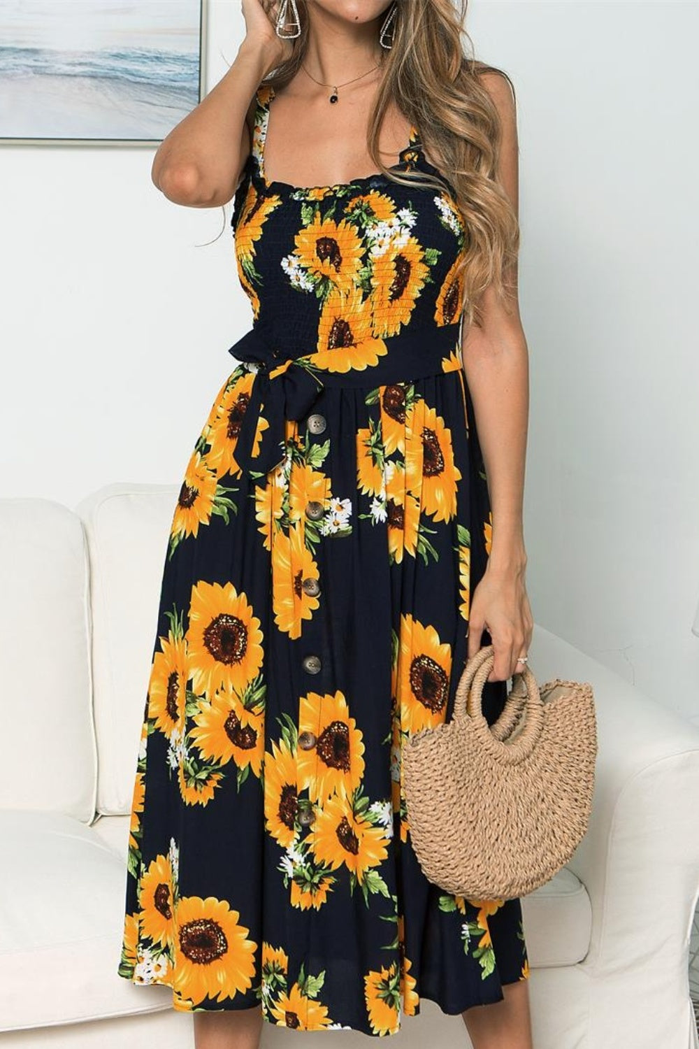 Smocked Sunflower Printed Sleeveless Cami Dress