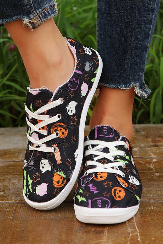 Black Halloween Pumpkin Spider Ghost Print Sneakers