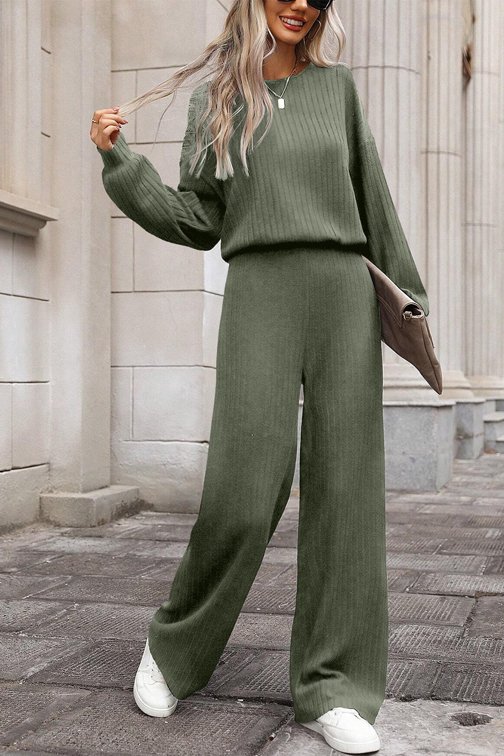 Solid Ribbed Knit Keyhole Back High Waist Jumpsuit