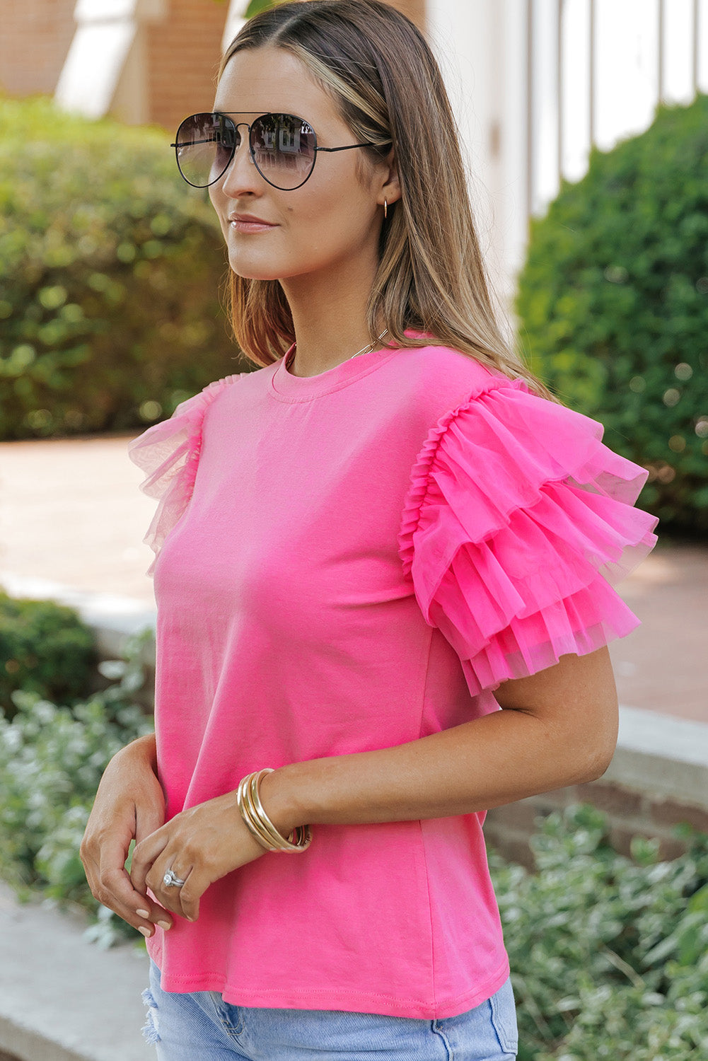 Be My Lover - Tulle Round Neck Ruffle Sleeve Blouse