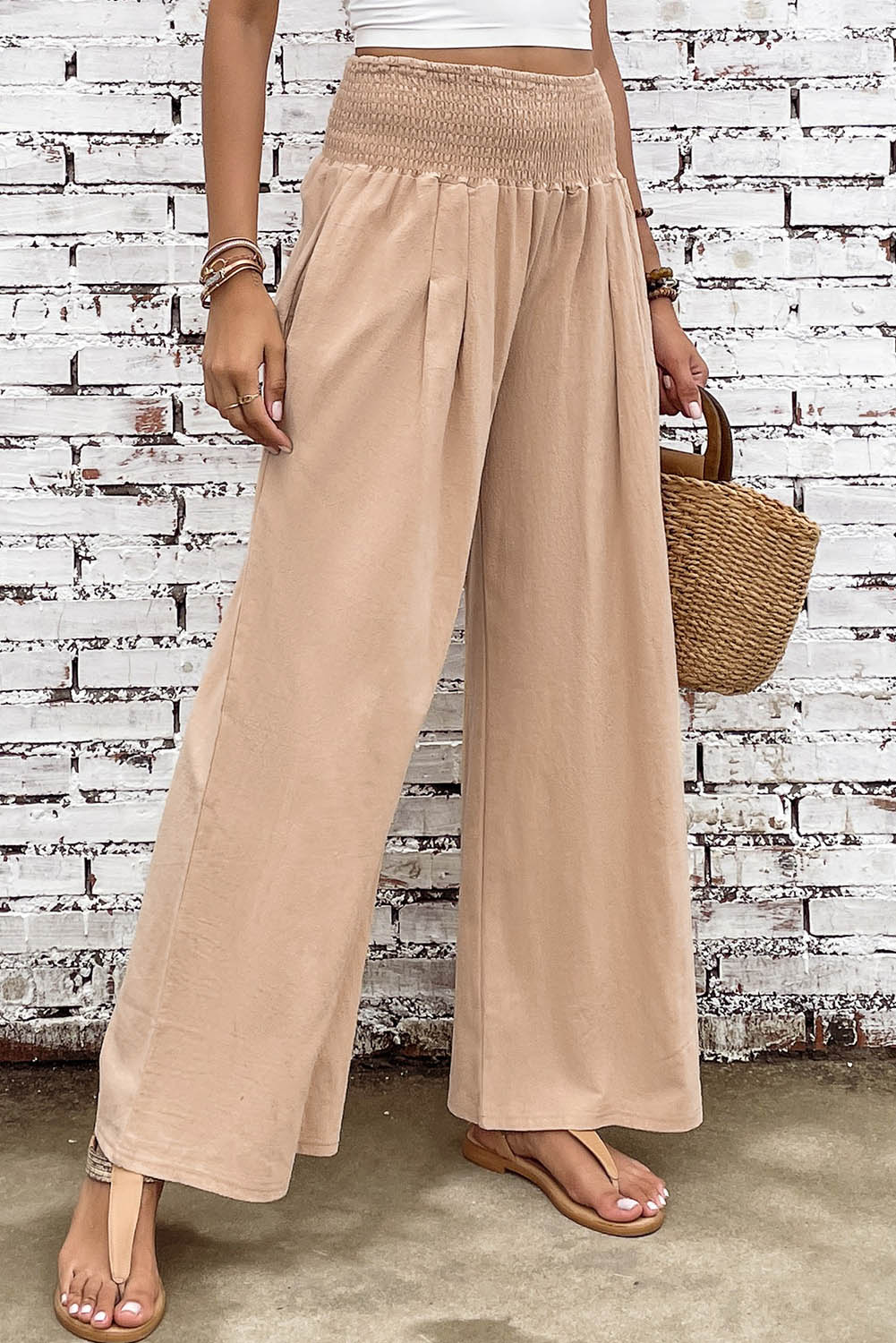 Smocked Wide Waistband High Waist Wide Leg Pants