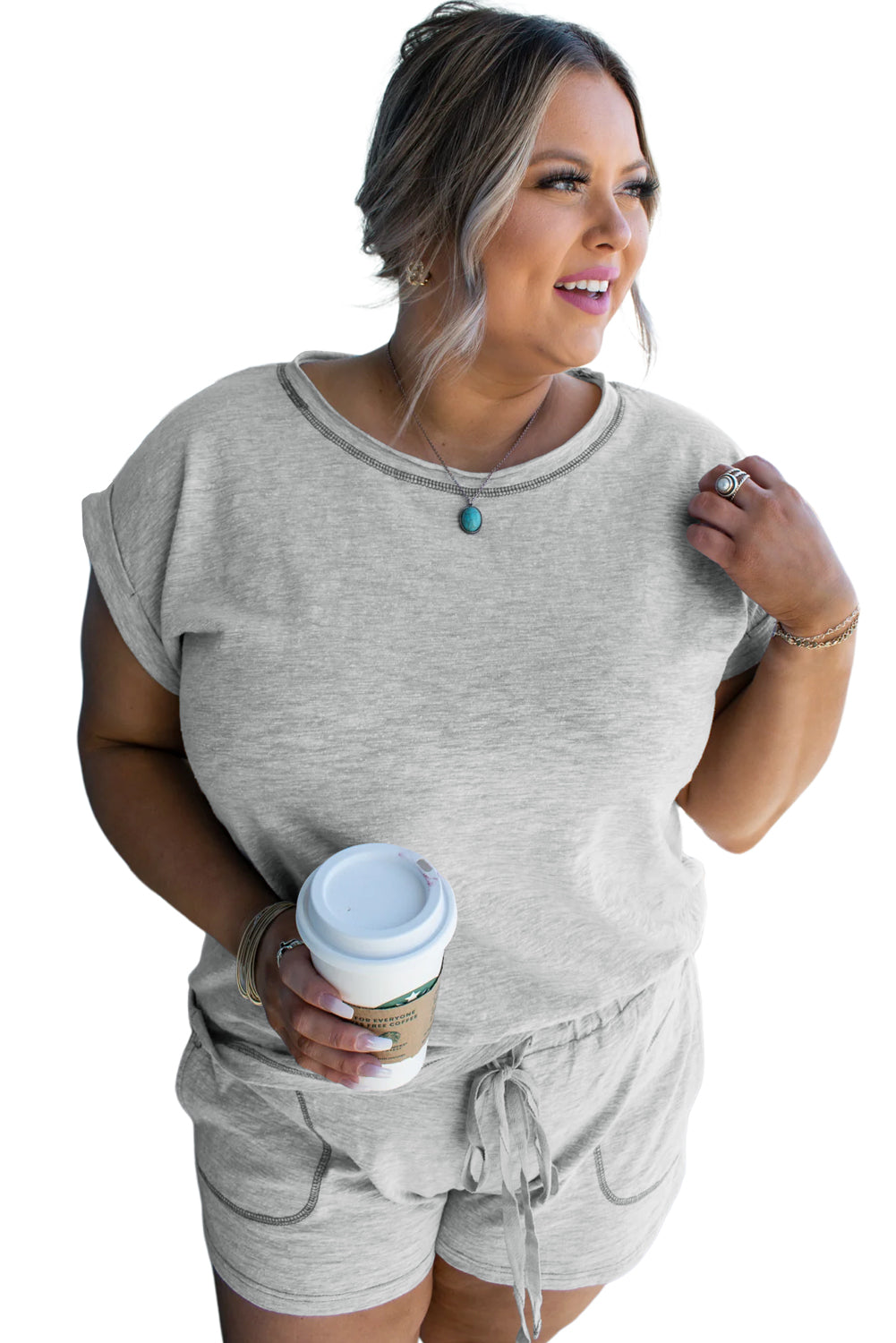 Gray Contrast Stitching Cuffed Sleeve Tee and Shorts Set