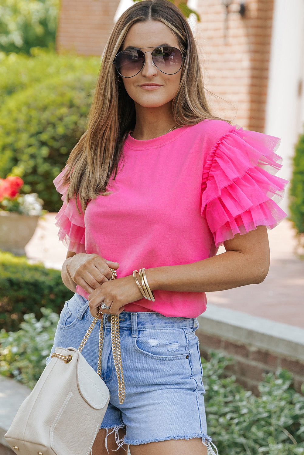 Be My Lover - Tulle Round Neck Ruffle Sleeve Blouse