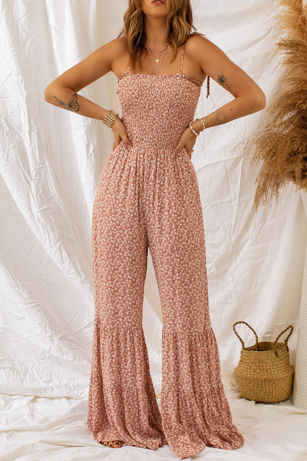 Dusk Blue Thin Straps Smocked Bodice Wide Leg Floral Jumpsuit