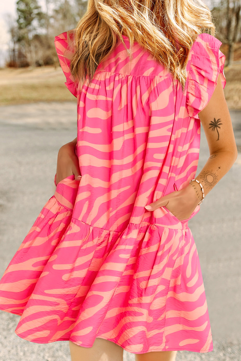 Pink Zebra Stripe Printed Ruffle Trim Pocketed Dress