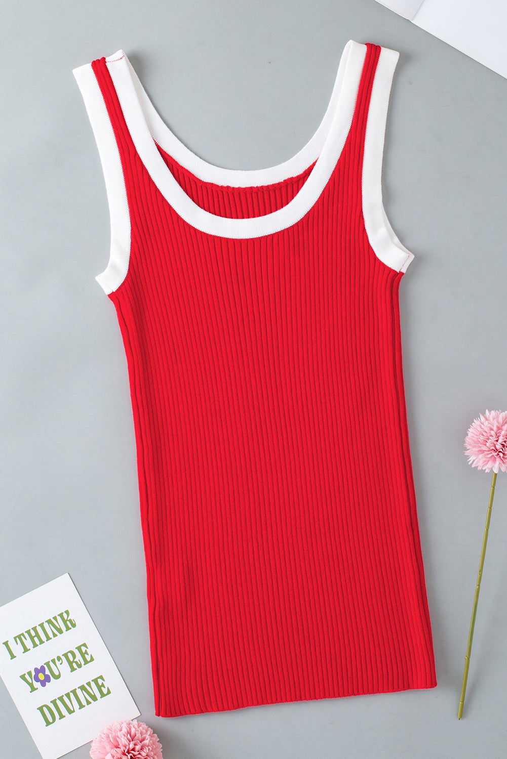 Pink Colorblock Edge Ribbed Knit U Neck Tank Top