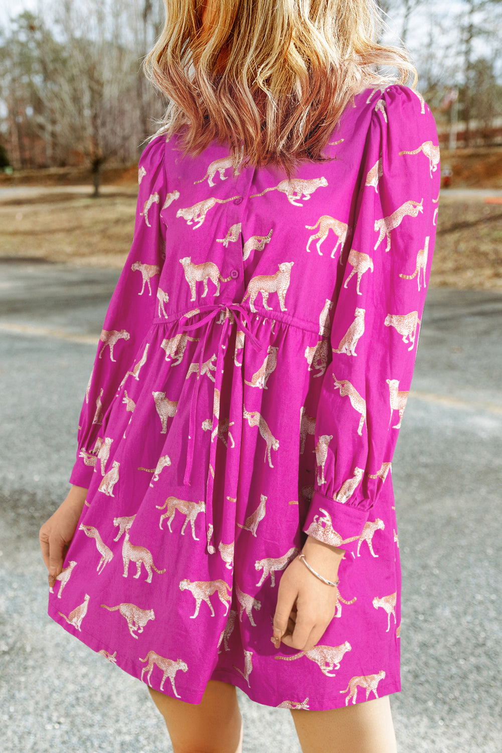 Rose Cheetah Print Drawstring Tunic Shirt Dress