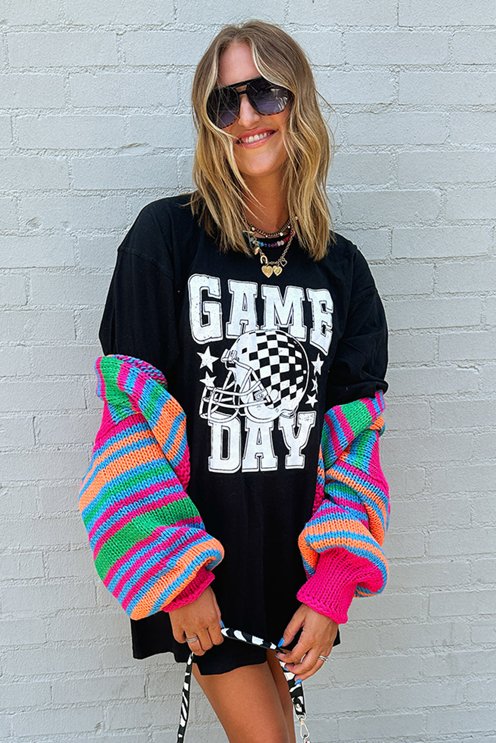 Black GAME DAY Checkerboard Rugby Helmet Printed Tunic T Shirt