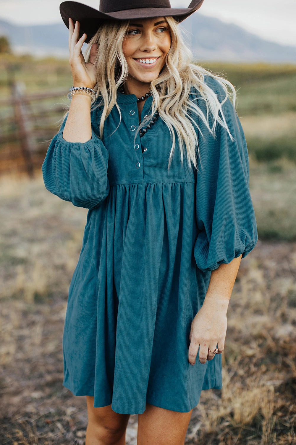 Vineyard Green Snap Button Empire Waist Lantern Sleeve Corduroy Dress