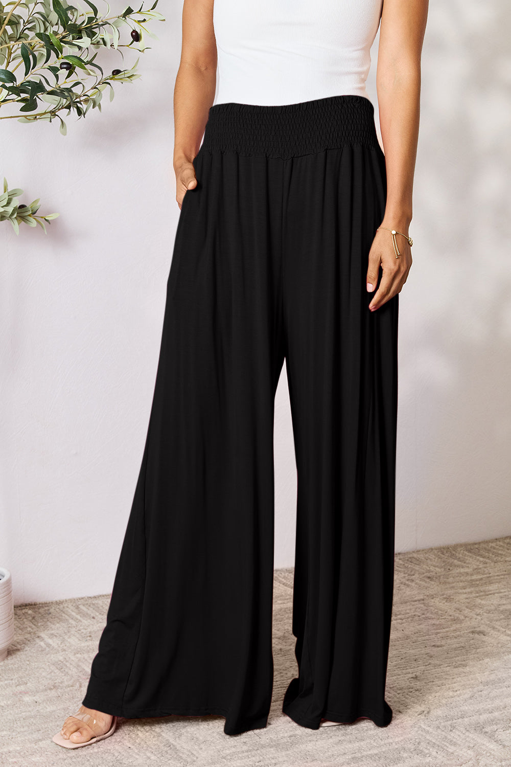 Double Take Smocked Wide Waistband Wide Leg Pants