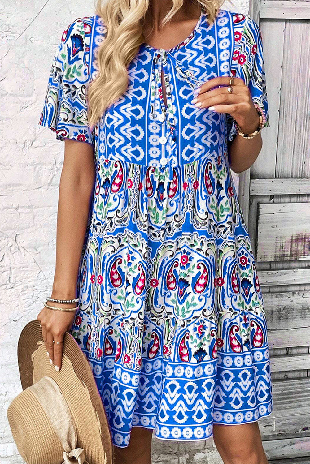 Sky Blue Bohemian Print Tie Neck Ruffle Hem Short Dress