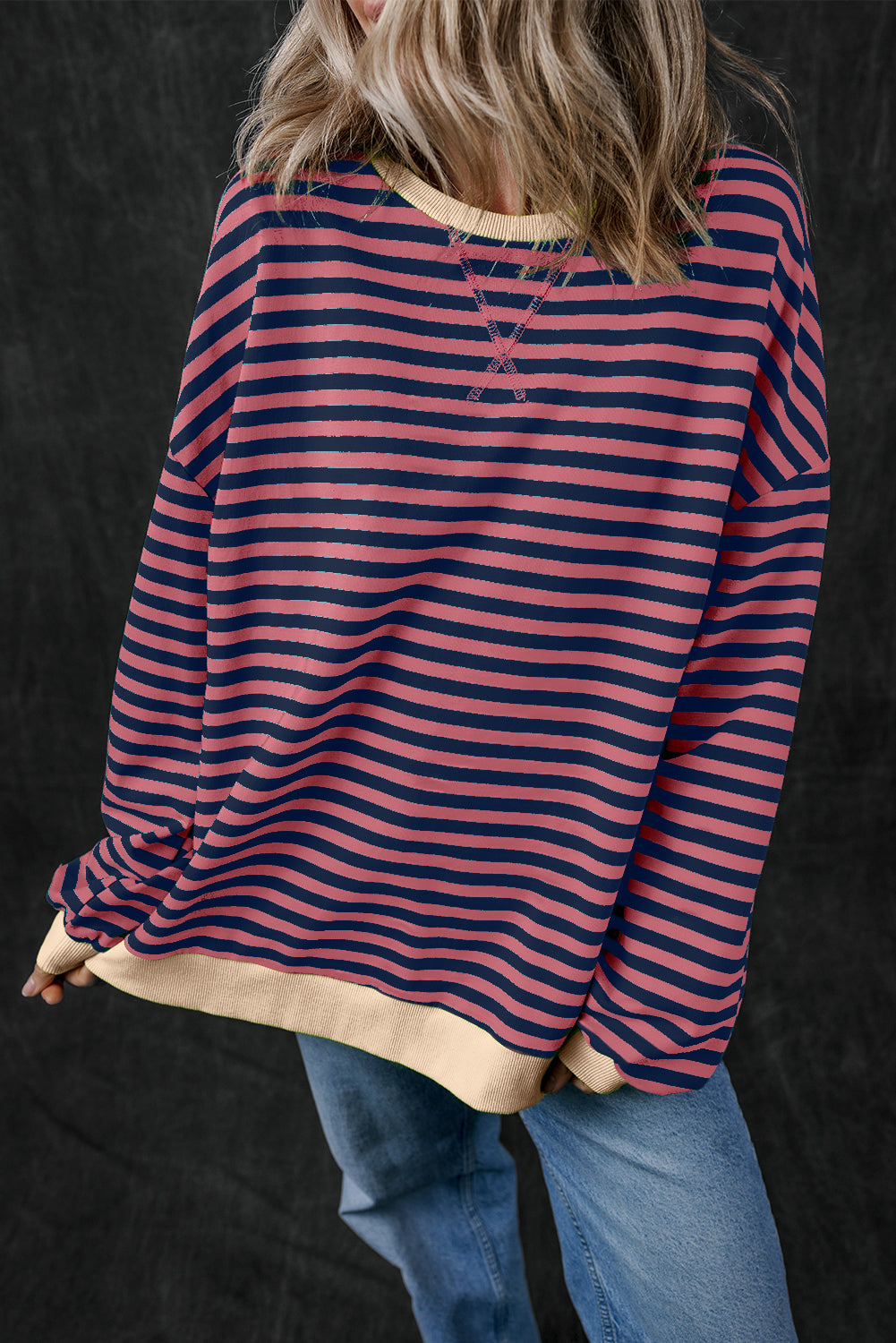 Black Stripe Oversized Contrast Trim Pullover Sweatshirt