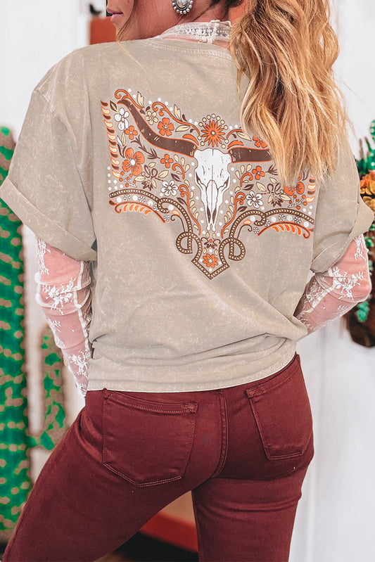 Smoke Gray Mineral Wash Floral Steer Head Printed Back Western Fashion Tee