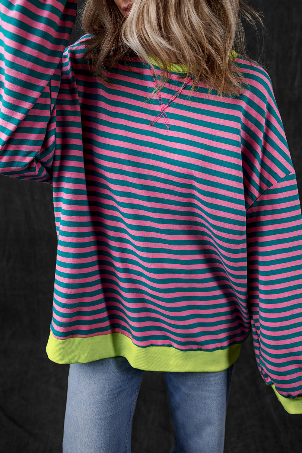 Black Stripe Oversized Contrast Trim Pullover Sweatshirt