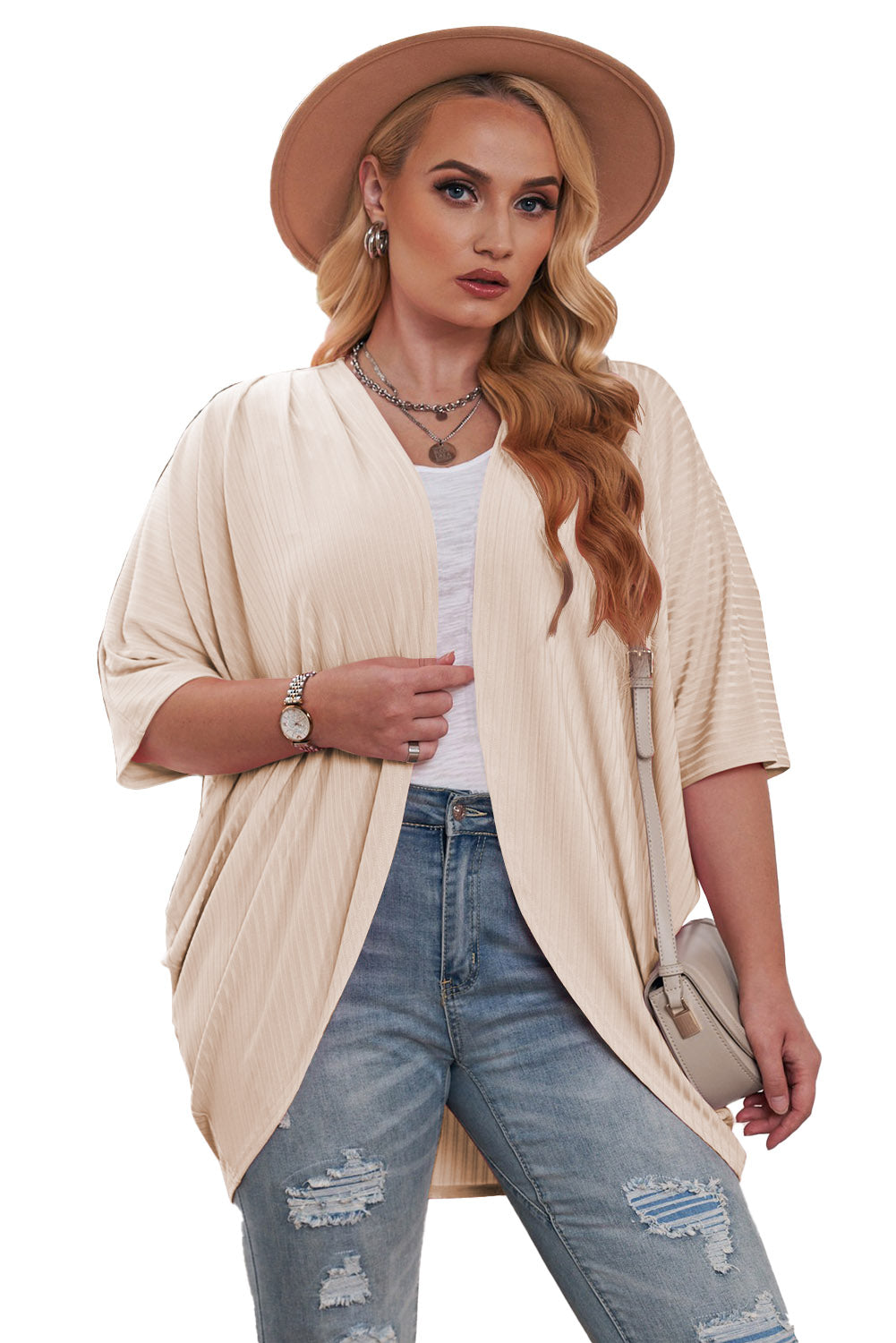 Purple Shimmer Ribbed Texture Plus Size Cardigan