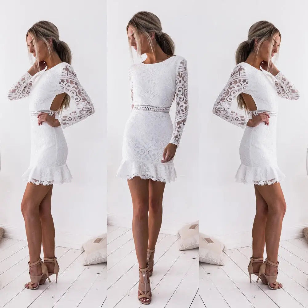 Long Sleeves Short Mini White Bodycon Backless Dress