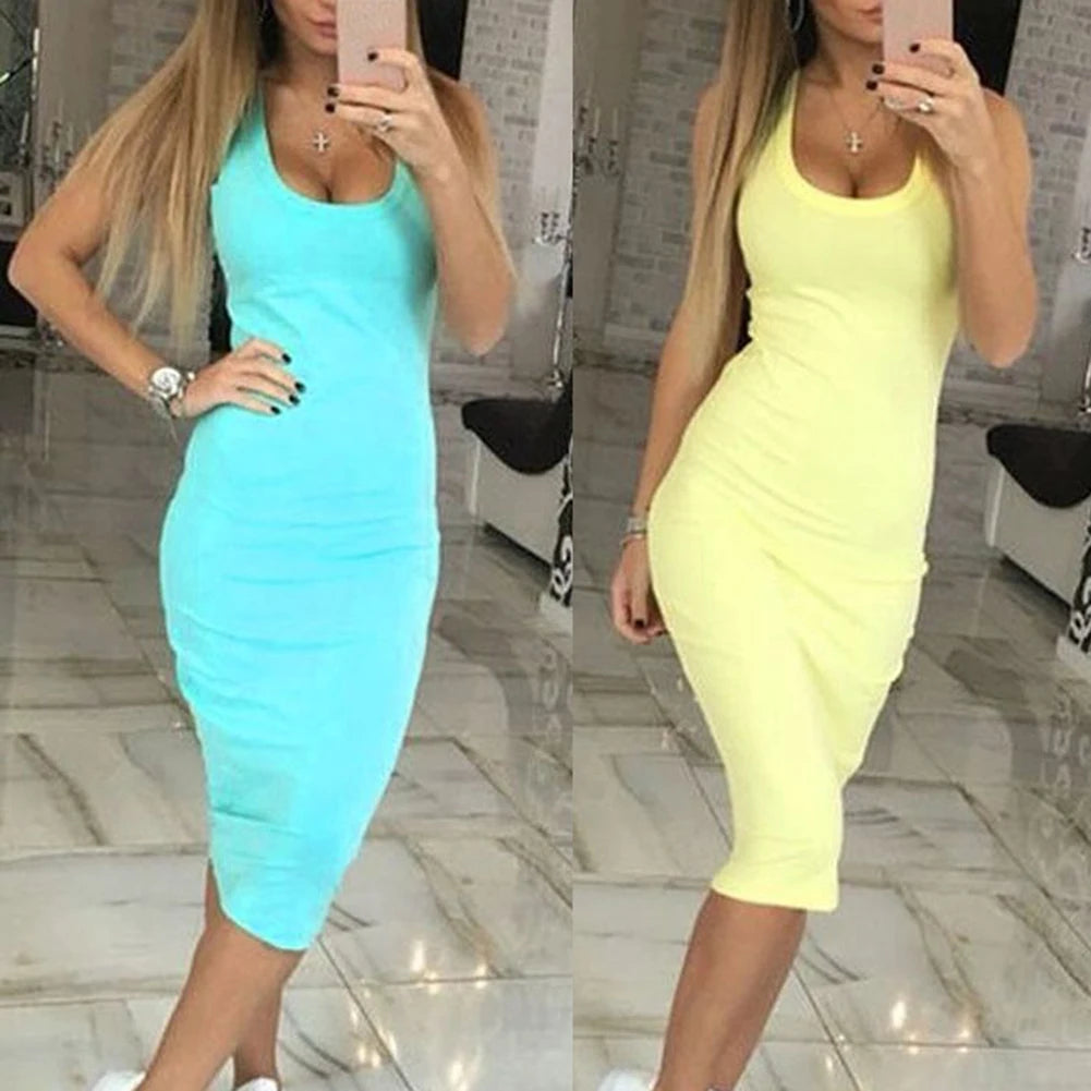 Summer Party Solid Color U Neck Sleeveless Slim Fit Bodycon Pencil Dress