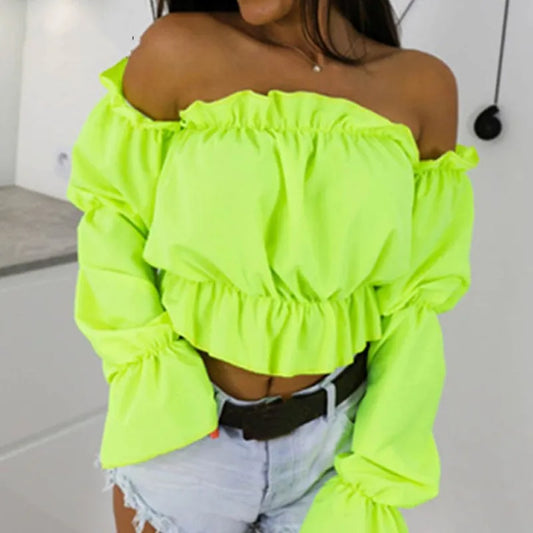 Candy Color Off Shoulder Crop Tops