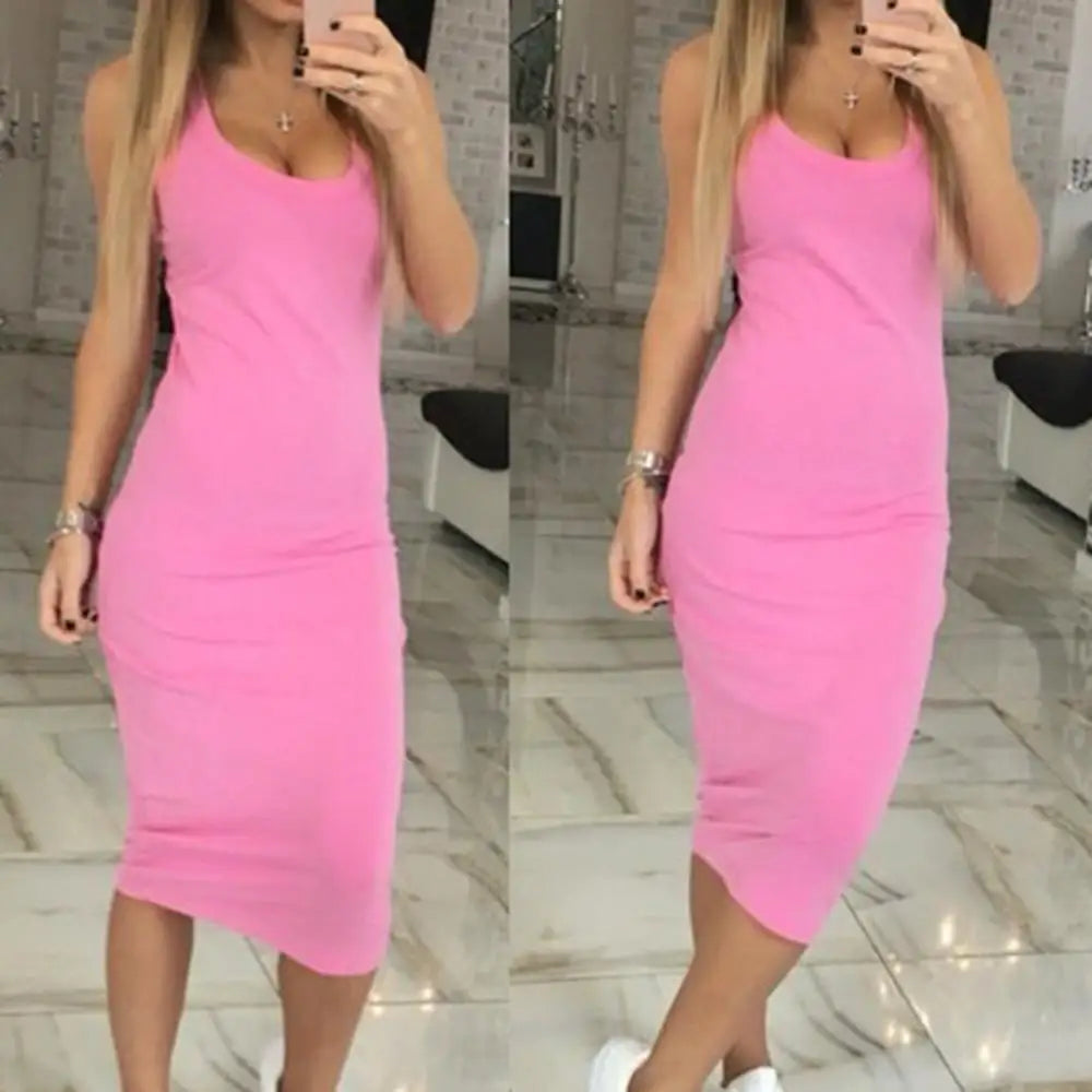 Summer Party Solid Color U Neck Sleeveless Slim Fit Bodycon Pencil Dress