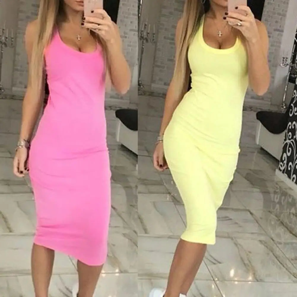 Summer Party Solid Color U Neck Sleeveless Slim Fit Bodycon Pencil Dress