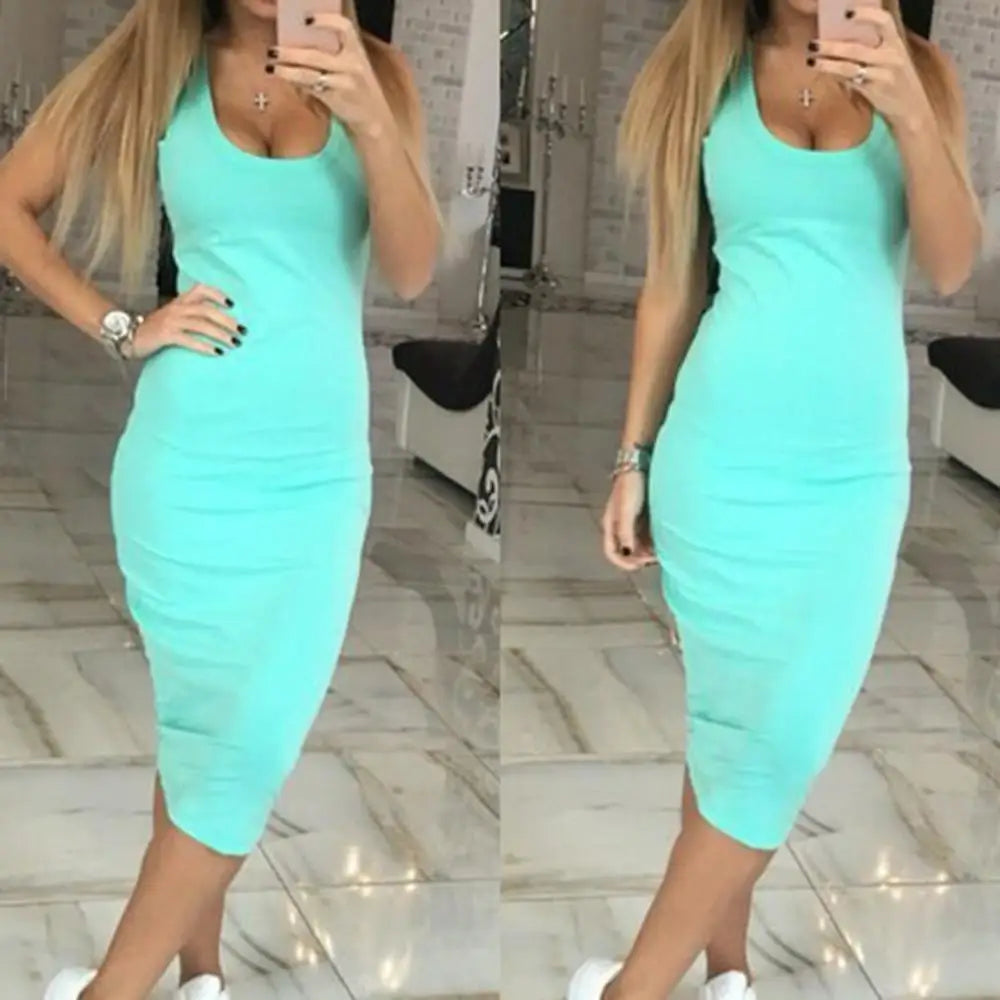 Summer Party Solid Color U Neck Sleeveless Slim Fit Bodycon Pencil Dress