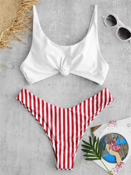 Scoop Neck Striped Swimwear Knot Bow Top