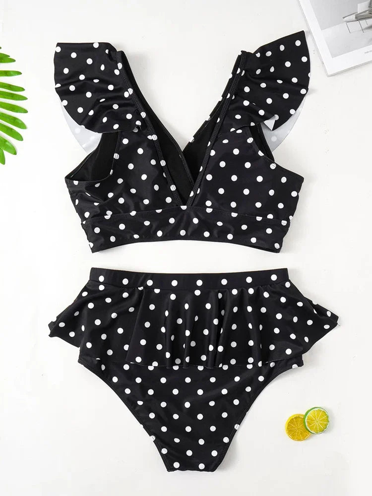 Ruffle Polka Dot High Waist Bikini Set