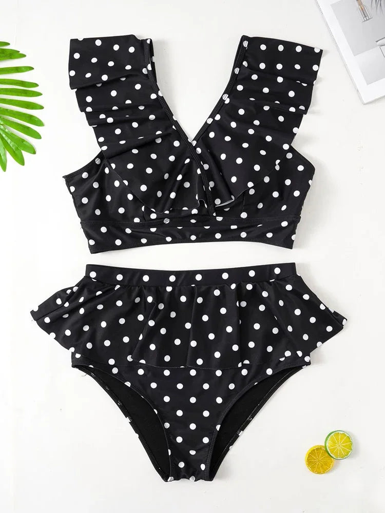 Ruffle Polka Dot High Waist Bikini Set