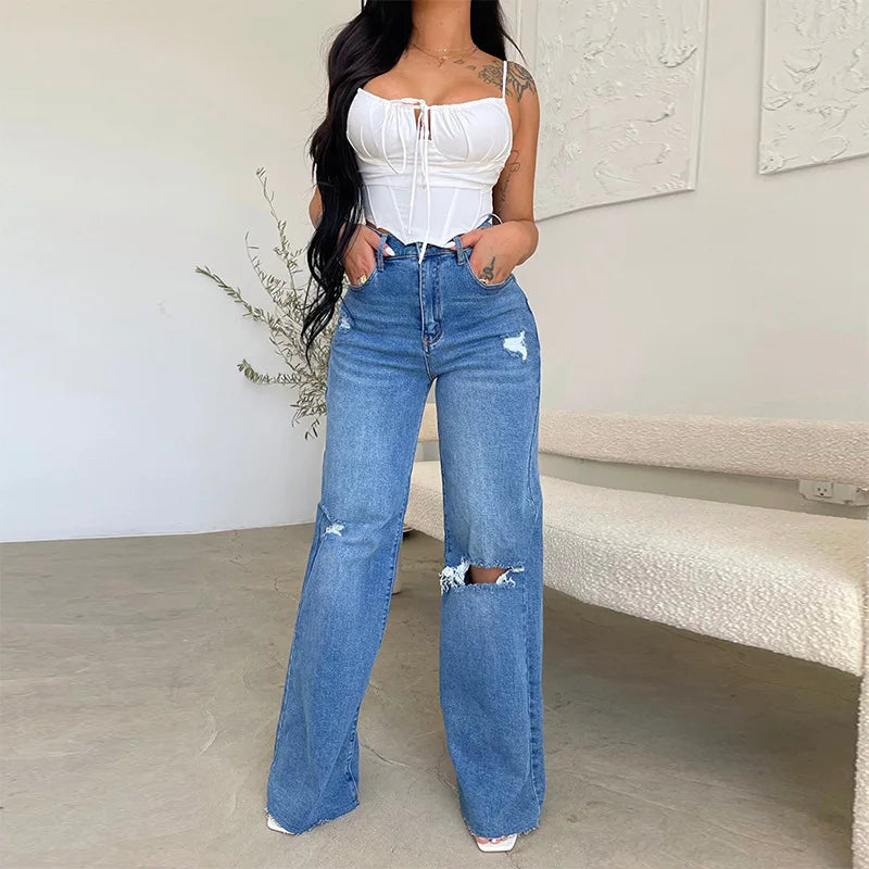 Wide Leg High Waist Zipper Fly Jeans