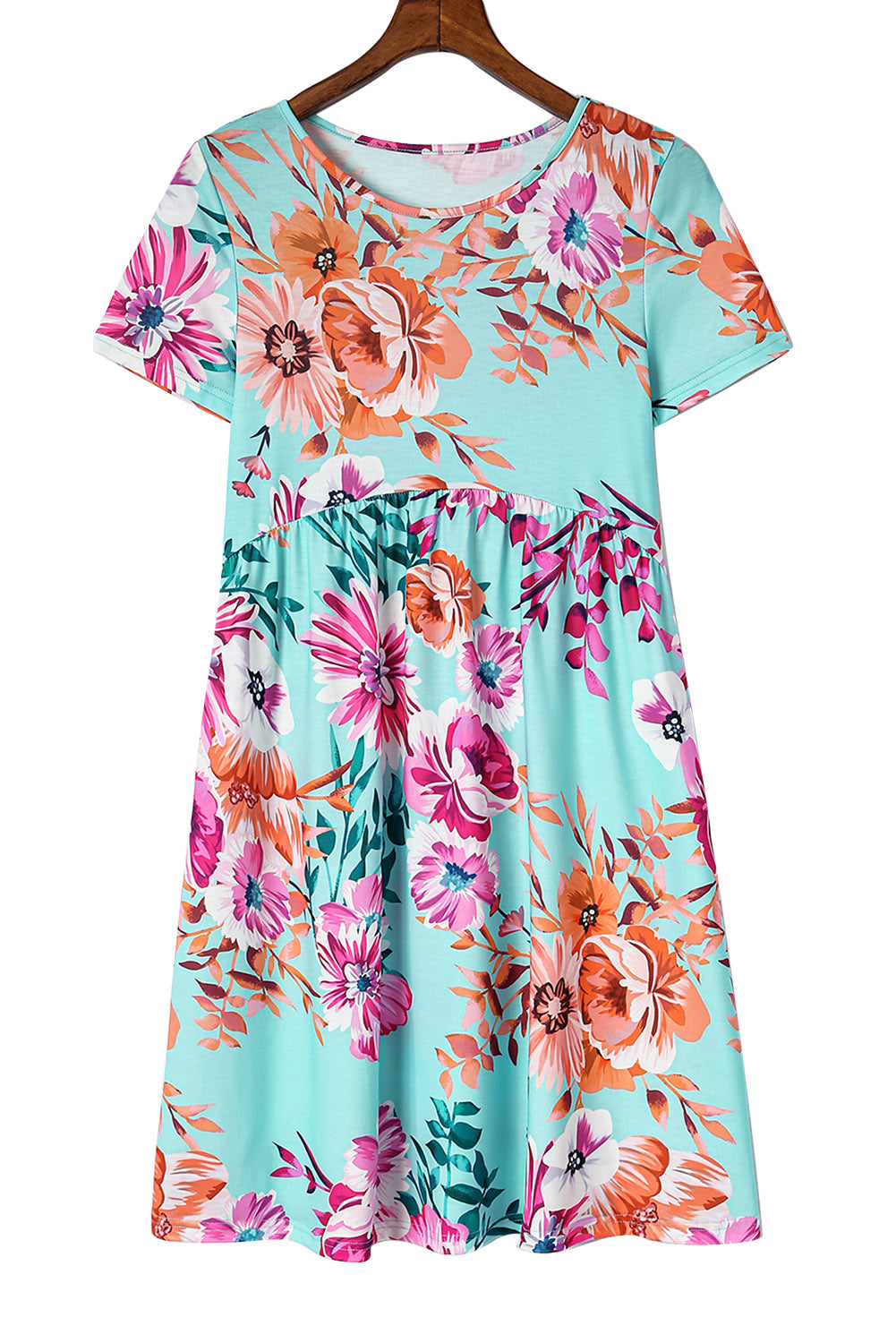 Light Blue Floral Casual High Waist Short Dress