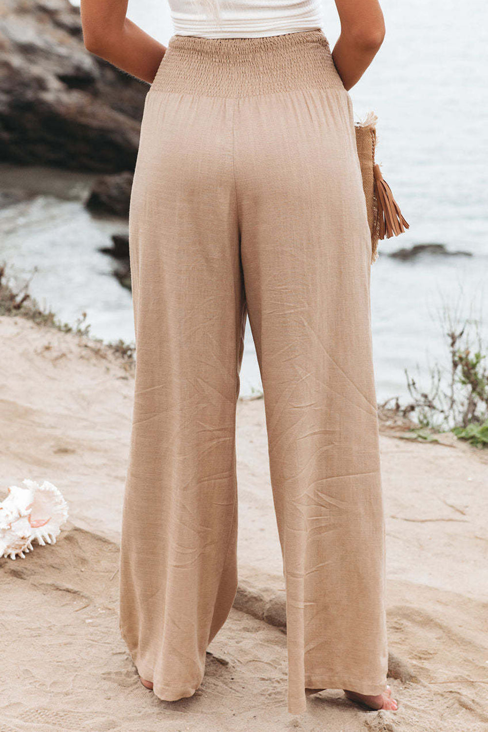 Smocked Wide Waistband High Waist Wide Leg Pants