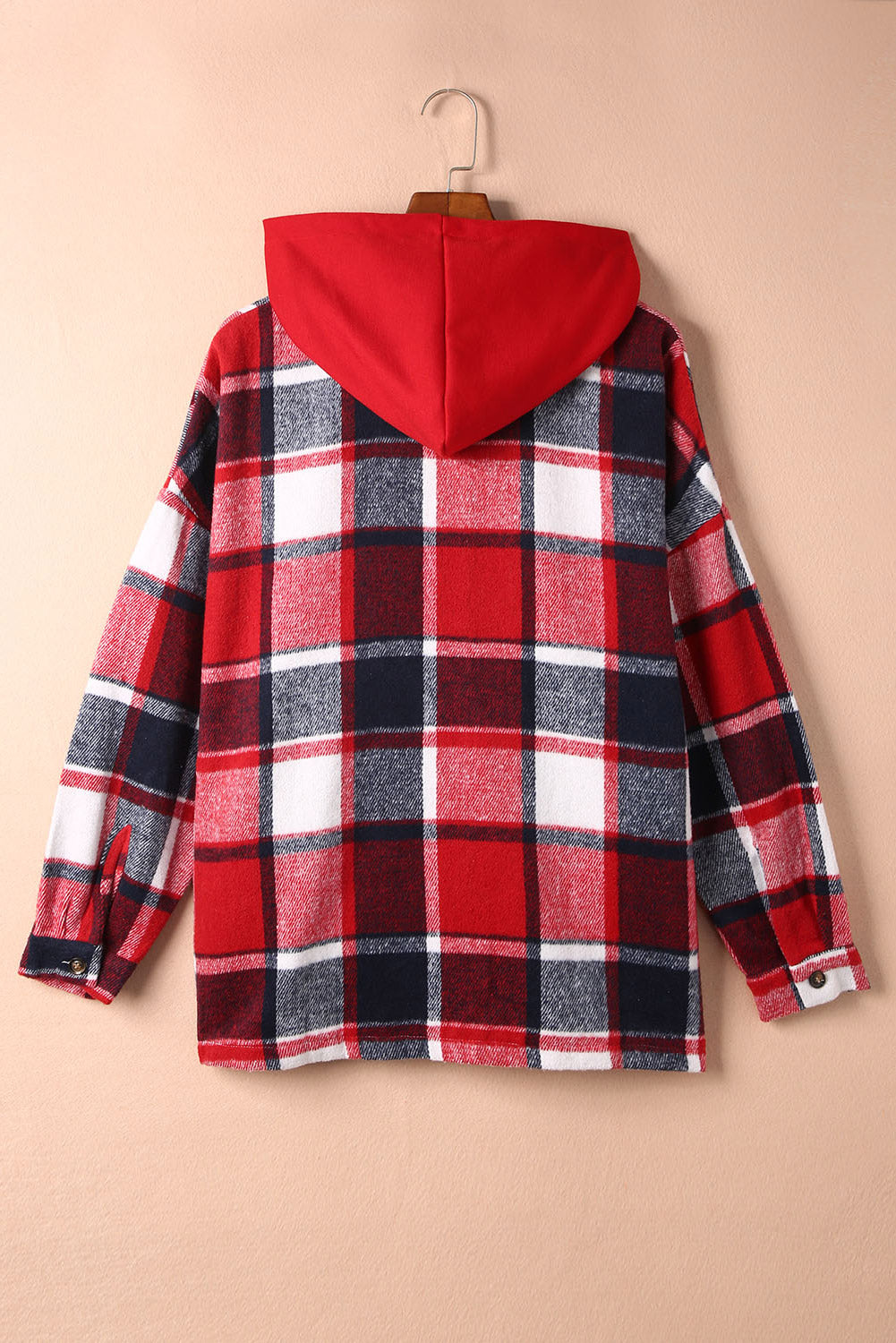 Fiery Red Hooded Plaid Button Front Shacket