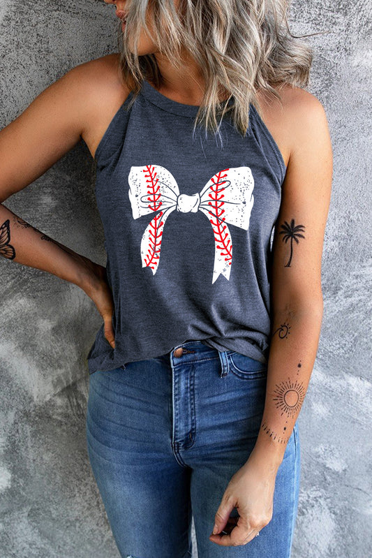 Blue Baseball Bow Knot Graphic Halter Crew Neck Tank Top