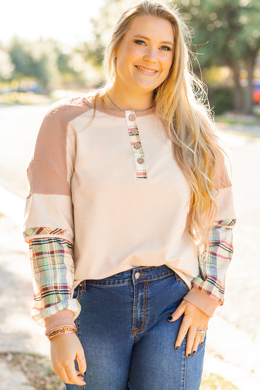 Parchment Plaid Patchwork Layered Henley Top